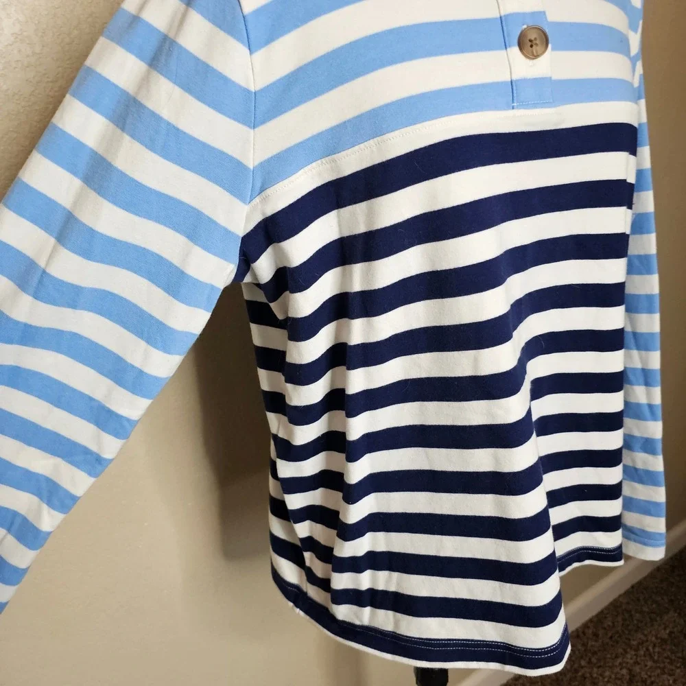 J.Crew Striped Mock Neck Pullover Henley Top Blue Navy Ivory White‎ Large